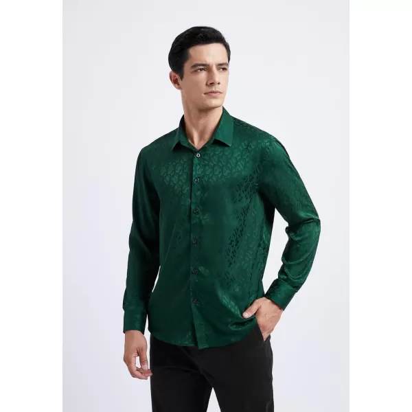 HISDERN Men's Shiny Satin Dress Shirts Luxury Floral Jacquard Slik Like Long Sleeve Fashion Shirt for Wedding Party Prom