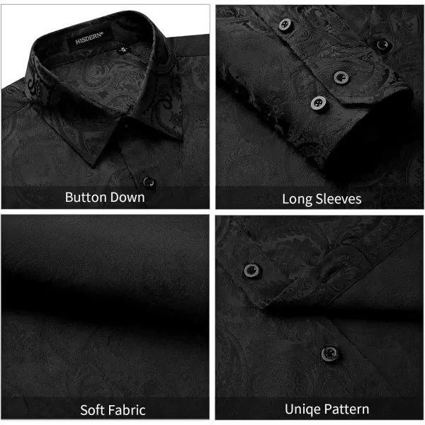 HISDERN Men's Shiny Satin Dress Shirts Luxury Floral Jacquard Slik Like Long Sleeve Fashion Shirt for Wedding Party Prom