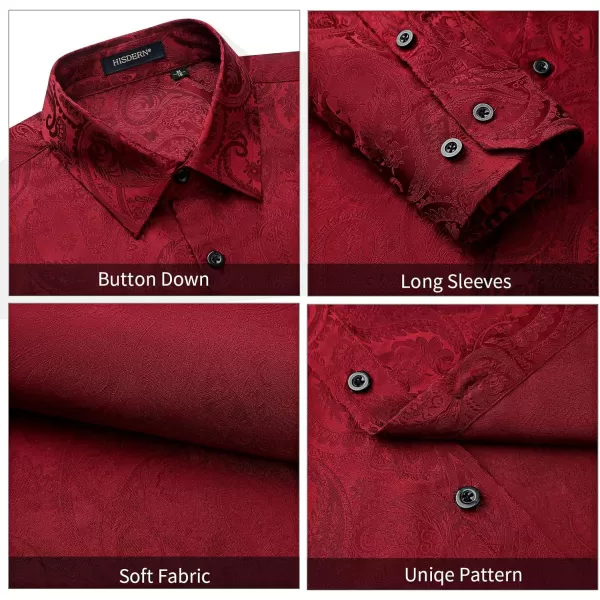 HISDERN Men's Shiny Satin Dress Shirts Luxury Floral Jacquard Slik Like Long Sleeve Fashion Shirt for Wedding Party Prom