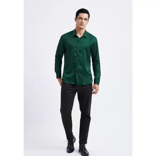 HISDERN Men's Shiny Satin Dress Shirts Luxury Floral Jacquard Slik Like Long Sleeve Fashion Shirt for Wedding Party Prom