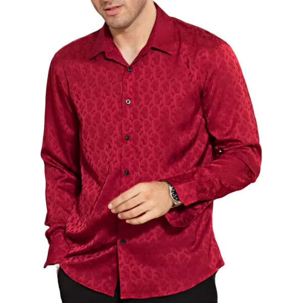 HISDERN Men's Shiny Satin Dress Shirts Luxury Floral Jacquard Slik Like Long Sleeve Fashion Shirt for Wedding Party Prom