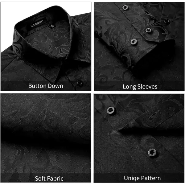 HISDERN Men's Shiny Satin Dress Shirts Luxury Floral Jacquard Slik Like Long Sleeve Fashion Shirt for Wedding Party Prom