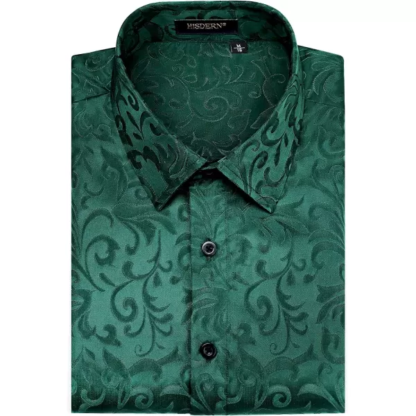 HISDERN Men's Shiny Satin Dress Shirts Luxury Floral Jacquard Slik Like Long Sleeve Fashion Shirt for Wedding Party Prom