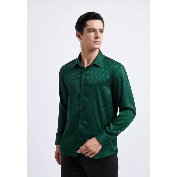 HISDERN Men's Shiny Satin Dress Shirts Luxury Floral Jacquard Slik Like Long Sleeve Fashion Shirt for Wedding Party Prom