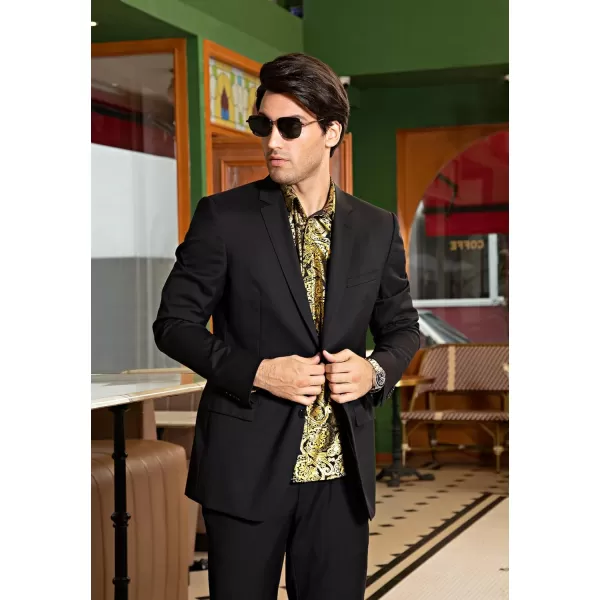 HISDERN Men's Shiny Satin Dress Shirts Luxury Floral Jacquard Slik Like Long Sleeve Fashion Shirt for Wedding Party Prom