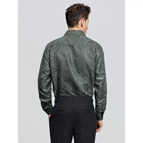 HISDERN Men's Shiny Satin Dress Shirts Luxury Floral Jacquard Slik Like Long Sleeve Fashion Shirt for Wedding Party Prom