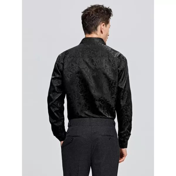 HISDERN Men's Shiny Satin Dress Shirts Luxury Floral Jacquard Slik Like Long Sleeve Fashion Shirt for Wedding Party Prom
