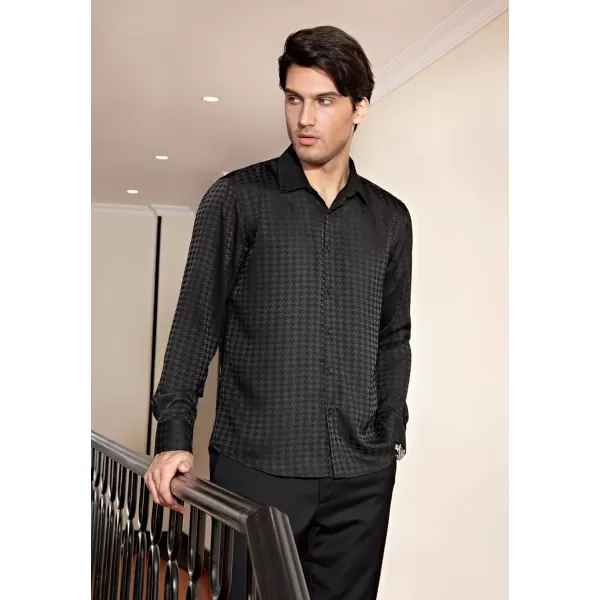 HISDERN Men's Shiny Satin Dress Shirts Luxury Floral Jacquard Slik Like Long Sleeve Fashion Shirt for Wedding Party Prom