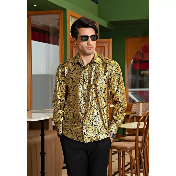 HISDERN Men's Shiny Satin Dress Shirts Luxury Floral Jacquard Slik Like Long Sleeve Fashion Shirt for Wedding Party Prom