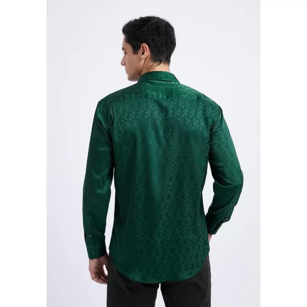 HISDERN Men's Shiny Satin Dress Shirts Luxury Floral Jacquard Slik Like Long Sleeve Fashion Shirt for Wedding Party Prom