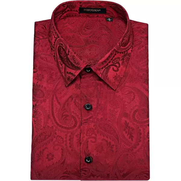 HISDERN Men's Shiny Satin Dress Shirts Luxury Floral Jacquard Slik Like Long Sleeve Fashion Shirt for Wedding Party Prom