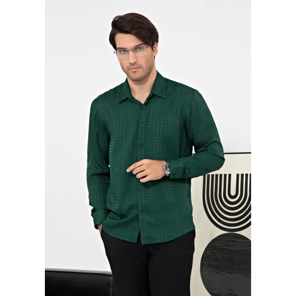 HISDERN Men's Shiny Satin Dress Shirts Luxury Floral Jacquard Slik Like Long Sleeve Fashion Shirt for Wedding Party Prom