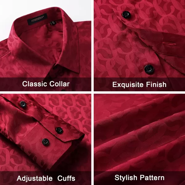 HISDERN Men's Shiny Satin Dress Shirts Luxury Floral Jacquard Slik Like Long Sleeve Fashion Shirt for Wedding Party Prom