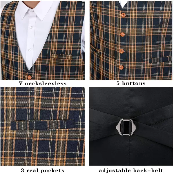 HISDERN Men's Suit Vest Business Formal Plaid Dress Waistcoat Slim Fit Vests for Men with 3 Pocket for Suit or Tuxedo