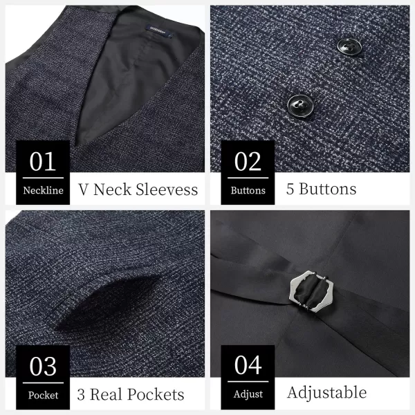 HISDERN Men's Suit Vest Business Formal Plaid Dress Waistcoat Slim Fit Vests for Men with 3 Pocket for Suit or Tuxedo