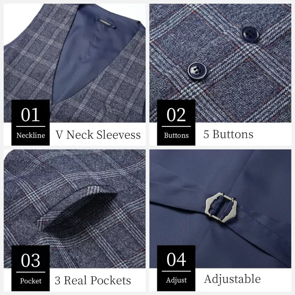 HISDERN Men's Suit Vest Business Formal Plaid Dress Waistcoat Slim Fit Vests for Men with 3 Pocket for Suit or Tuxedo