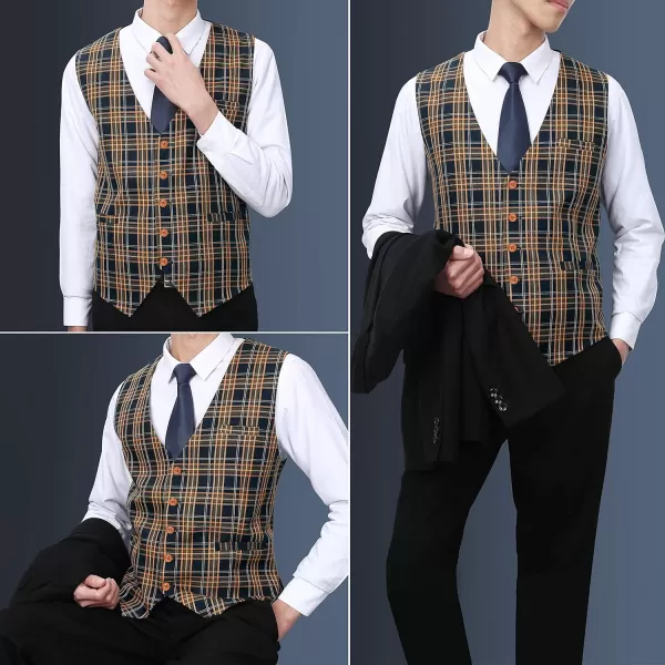 HISDERN Men's Suit Vest Business Formal Plaid Dress Waistcoat Slim Fit Vests for Men with 3 Pocket for Suit or Tuxedo