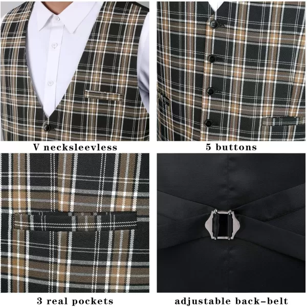HISDERN Men's Suit Vest Business Formal Plaid Dress Waistcoat Slim Fit Vests for Men with 3 Pocket for Suit or Tuxedo