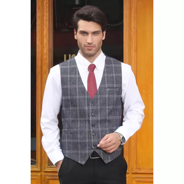 HISDERN Men's Suit Vest Business Formal Plaid Dress Waistcoat Slim Fit Vests for Men with 3 Pocket for Suit or Tuxedo