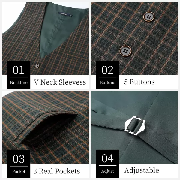 HISDERN Men's Suit Vest Business Formal Plaid Dress Waistcoat Slim Fit Vests for Men with 3 Pocket for Suit or Tuxedo
