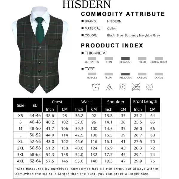 HISDERN Men's Suit Vest Business Formal Plaid Dress Waistcoat Slim Fit Vests for Men with 3 Pocket for Suit or Tuxedo