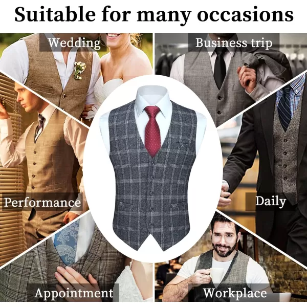 HISDERN Men's Suit Vest Business Formal Plaid Dress Waistcoat Slim Fit Vests for Men with 3 Pocket for Suit or Tuxedo