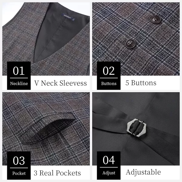 HISDERN Men's Suit Vest Business Formal Plaid Dress Waistcoat Slim Fit Vests for Men with 3 Pocket for Suit or Tuxedo