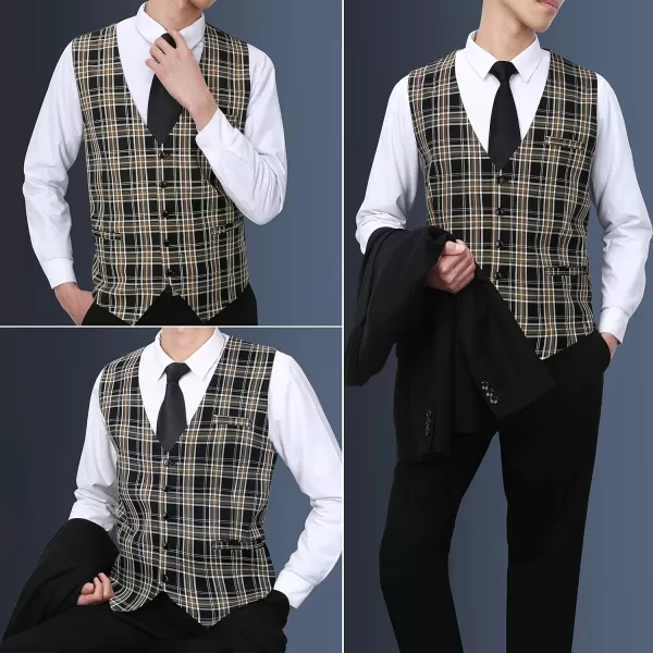 HISDERN Men's Suit Vest Business Formal Plaid Dress Waistcoat Slim Fit Vests for Men with 3 Pocket for Suit or Tuxedo