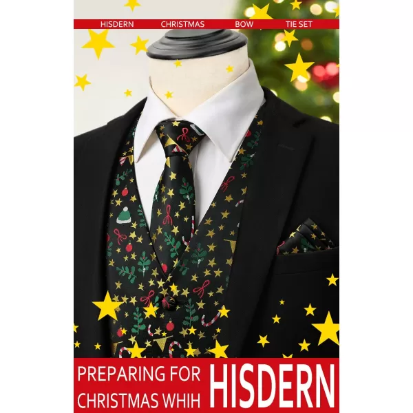 HISDERN Men's Suit Vest Christmas Holiday Season Party Jacquard Waistcoats Necktie Pocket Square Vest Suit Set