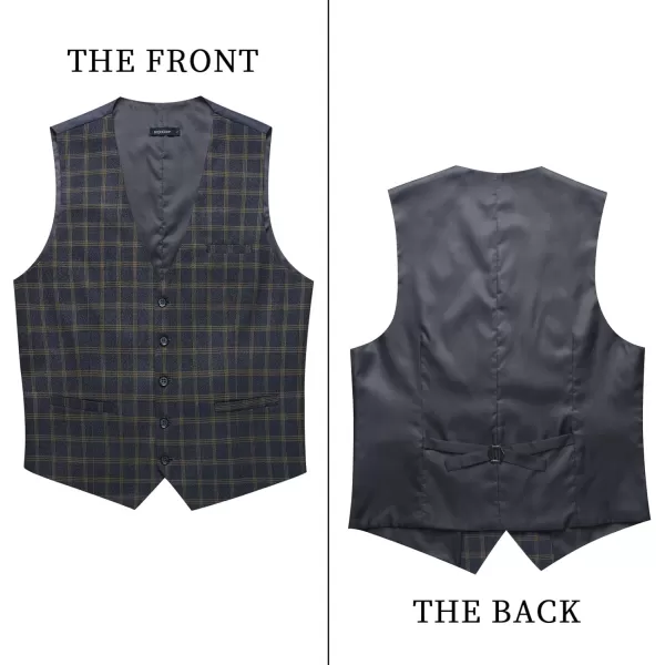 HISDERN Men's Suit Vest Plaid Dress Vest for Men Slim Fit Formal Business Waistcoat Tuxedo V-Ncek Solid Vest for Wedding