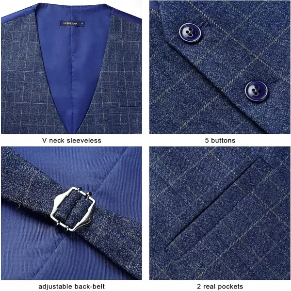 HISDERN Men's Suit Vest Plaid Dress Vest for Men Slim Fit Formal Business Waistcoat Tuxedo V-Ncek Solid Vest for Wedding