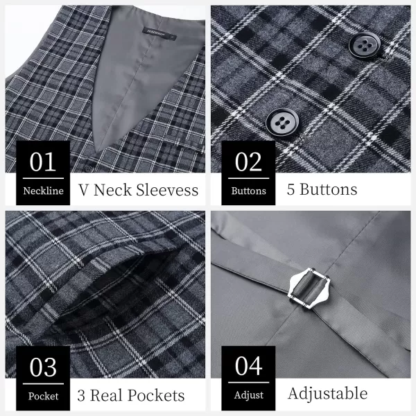 HISDERN Men's Suit Vest Plaid Dress Vest for Men Slim Fit Formal Business Waistcoat Tuxedo V-Ncek Solid Vest for Wedding