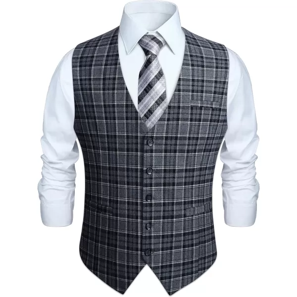 HISDERN Men's Suit Vest Plaid Dress Vest for Men Slim Fit Formal Business Waistcoat Tuxedo V-Ncek Solid Vest for Wedding