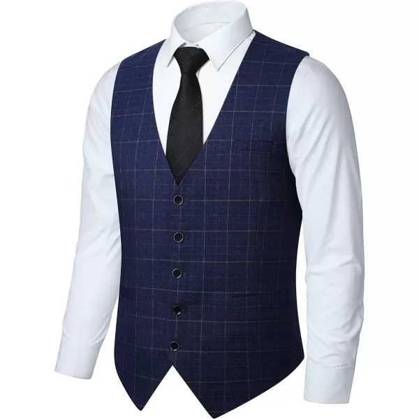 HISDERN Men's Suit Vest Plaid Dress Vest for Men Slim Fit Formal Business Waistcoat Tuxedo V-Ncek Solid Vest for Wedding