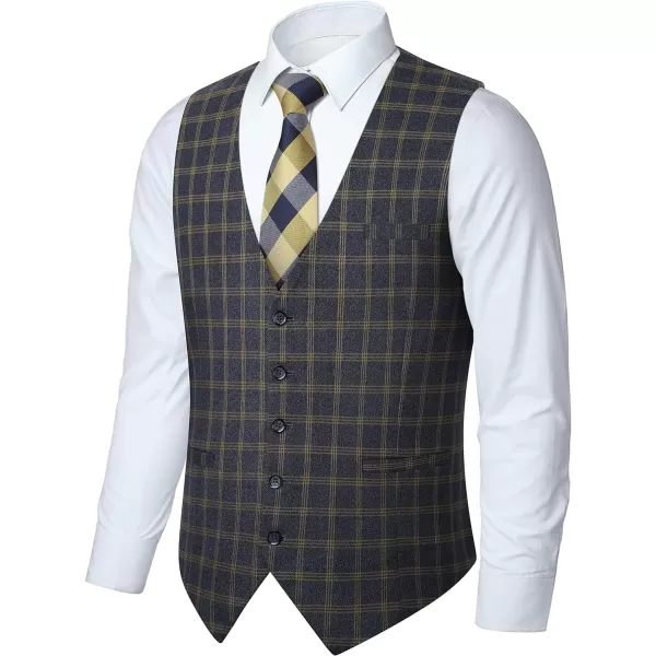 HISDERN Men's Suit Vest Plaid Dress Vest for Men Slim Fit Formal Business Waistcoat Tuxedo V-Ncek Solid Vest for Wedding