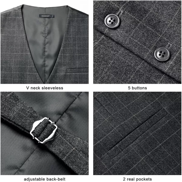 HISDERN Men's Suit Vest Plaid Dress Vest for Men Slim Fit Formal Business Waistcoat Tuxedo V-Ncek Solid Vest for Wedding