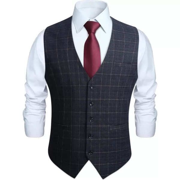 HISDERN Men's Suit Vest Plaid Dress Vest for Men Slim Fit Formal Business Waistcoat Tuxedo V-Ncek Solid Vest for Wedding