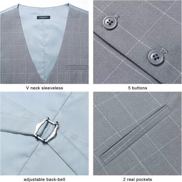 HISDERN Men's Suit Vest Plaid Dress Vest for Men Slim Fit Formal Business Waistcoat Tuxedo V-Ncek Solid Vest for Wedding