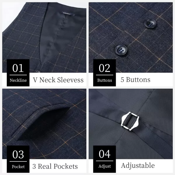 HISDERN Men's Suit Vest Plaid Dress Vest for Men Slim Fit Formal Business Waistcoat Tuxedo V-Ncek Solid Vest for Wedding