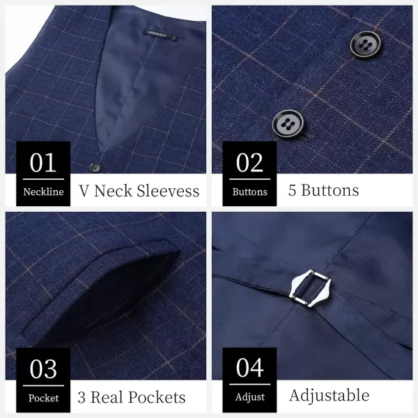 HISDERN Men's Suit Vest Plaid Dress Vest for Men Slim Fit Formal Business Waistcoat Tuxedo V-Ncek Solid Vest for Wedding