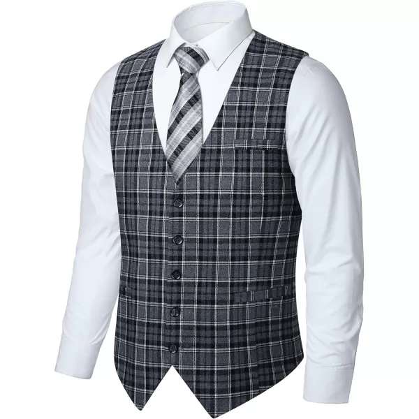 HISDERN Men's Suit Vest Plaid Dress Vest for Men Slim Fit Formal Business Waistcoat Tuxedo V-Ncek Solid Vest for Wedding