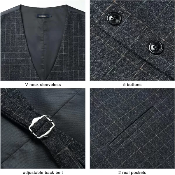 HISDERN Men's Suit Vest Plaid Dress Vest for Men Slim Fit Formal Business Waistcoat Tuxedo V-Ncek Solid Vest for Wedding