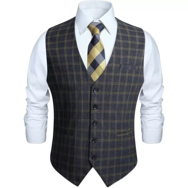 HISDERN Men's Suit Vest Plaid Dress Vest for Men Slim Fit Formal Business Waistcoat Tuxedo V-Ncek Solid Vest for Wedding