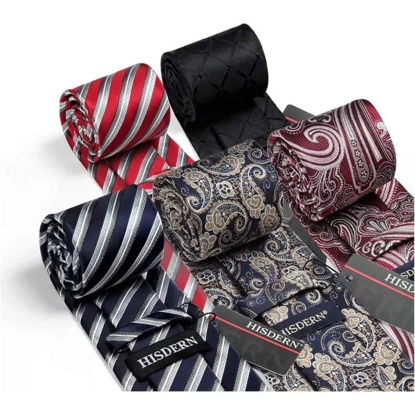 HISDERN Mens Ties Set 5PCS Collection Tie and Pocket Sqaure Formal Business Neckties Gift Box Wedding Necktie for Men
