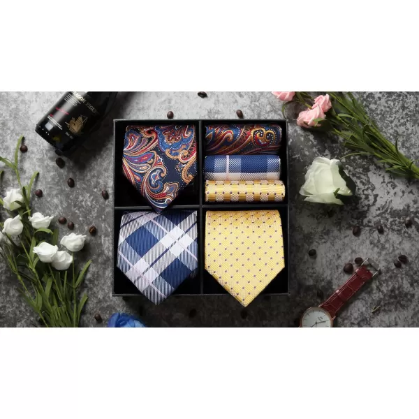 HISDERN Mens Ties Set Collection Tie and Pocket Square Lot 3 Pcs Formal Business Neckties Gift Box Wedding Necktie