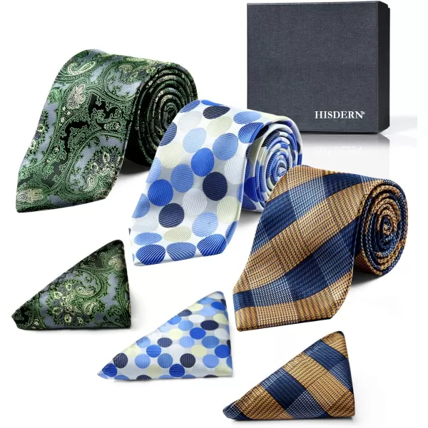 HISDERN Mens Ties Set Collection Tie and Pocket Square Lot 3 Pcs Formal Business Neckties Gift Box Wedding Necktie