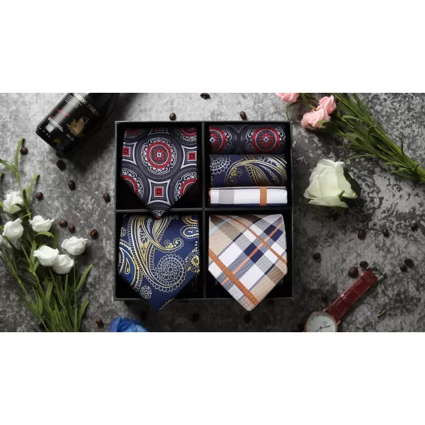HISDERN Mens Ties Set Collection Tie and Pocket Square Lot 3 Pcs Formal Business Neckties Gift Box Wedding Necktie