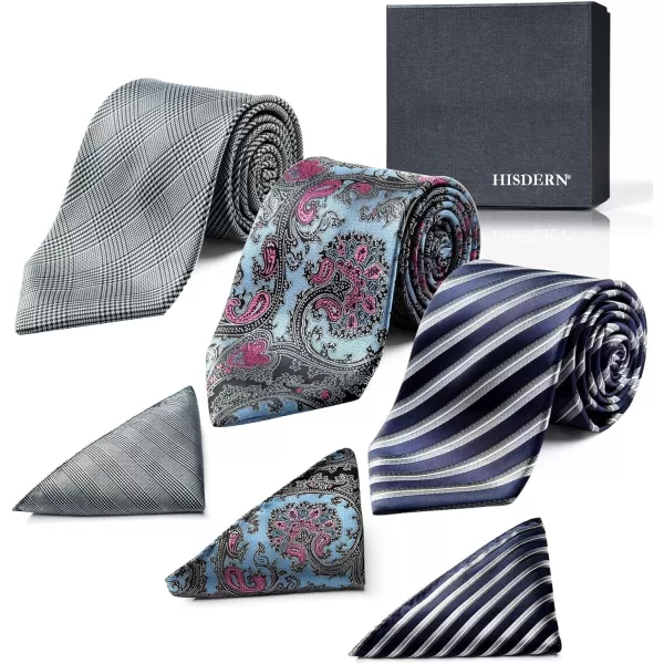 HISDERN Mens Ties and Pocket Square Set Business Elegant Ties for Men Classic Lot 3 Pcs Wedding Party Neckties &amp; Handkerchief