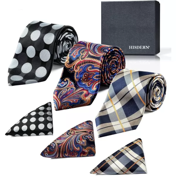 HISDERN Mens Ties and Pocket Square Set Business Elegant Ties for Men Classic Lot 3 Pcs Wedding Party Neckties &amp; Handkerchief