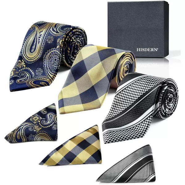 HISDERN Mens Ties and Pocket Square Set Business Elegant Ties for Men Classic Lot 3 Pcs Wedding Party Neckties &amp; Handkerchief